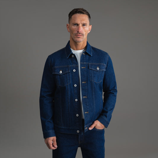 Tags:(6'0" - 180 lbs|Tailored) men's custom denim jacket model Tyler in Deep Indigo