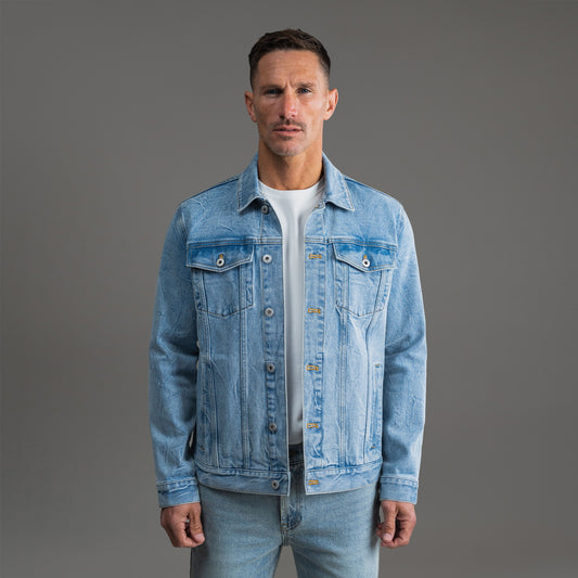 Tags:(6'0" - 180 lbs|Tailored) men's custom denim jacket model Tyler in Sandblast
