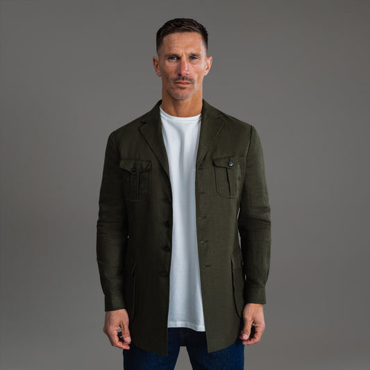 Tags:(6'0"|180 lbs) Bespoke custom Wool Hunting Jacket los angeles model Tyler in Forest Linen