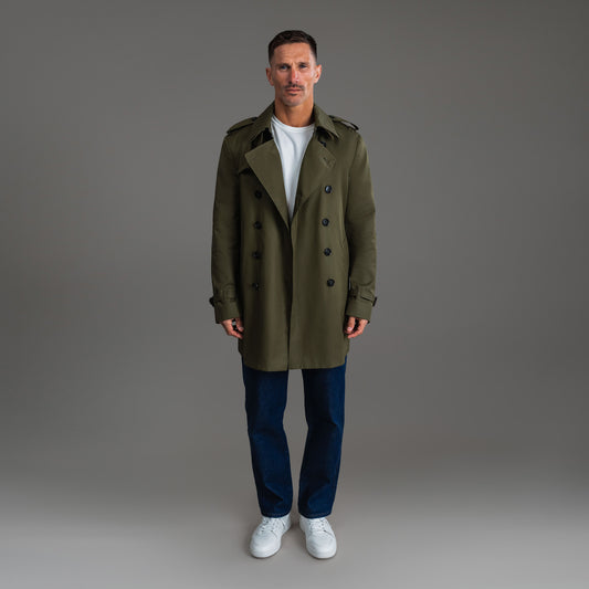 Tags:(6'0"|180 lbs) Bespoke custom Trench Coat los angeles model Tyler in Field Green