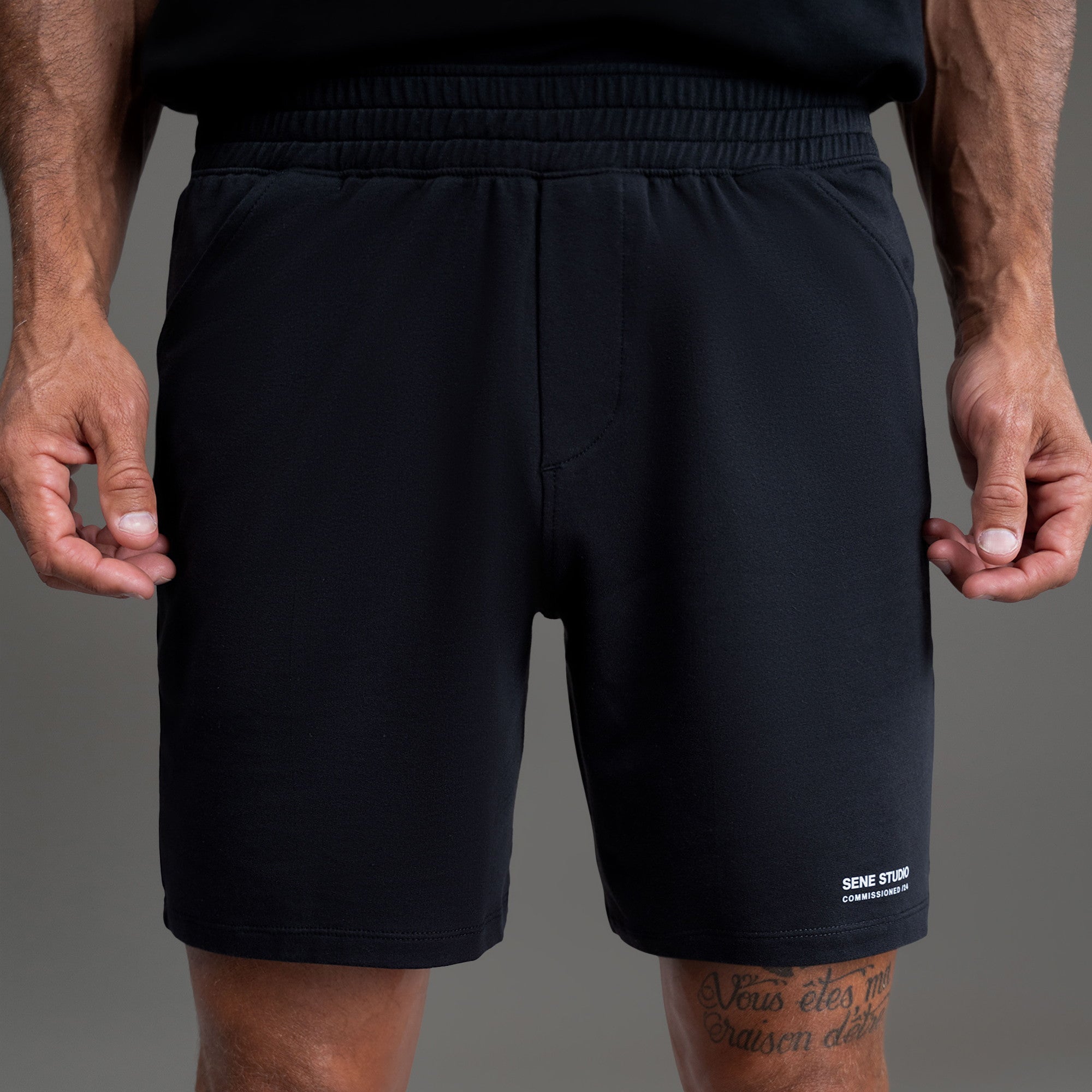 Custom bespoke shorts athleisure athletic build model Tyler in Black