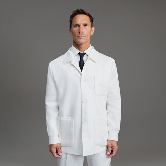 Tags:(6'0"|180 lbs) Bespoke custom linen men's shirt jacket model Tyler in White