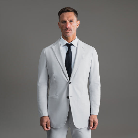 Tags:(6'0"|180 lbs) Bespoke custom athleisure technical men's suit los angeles model Tyler in Silver
