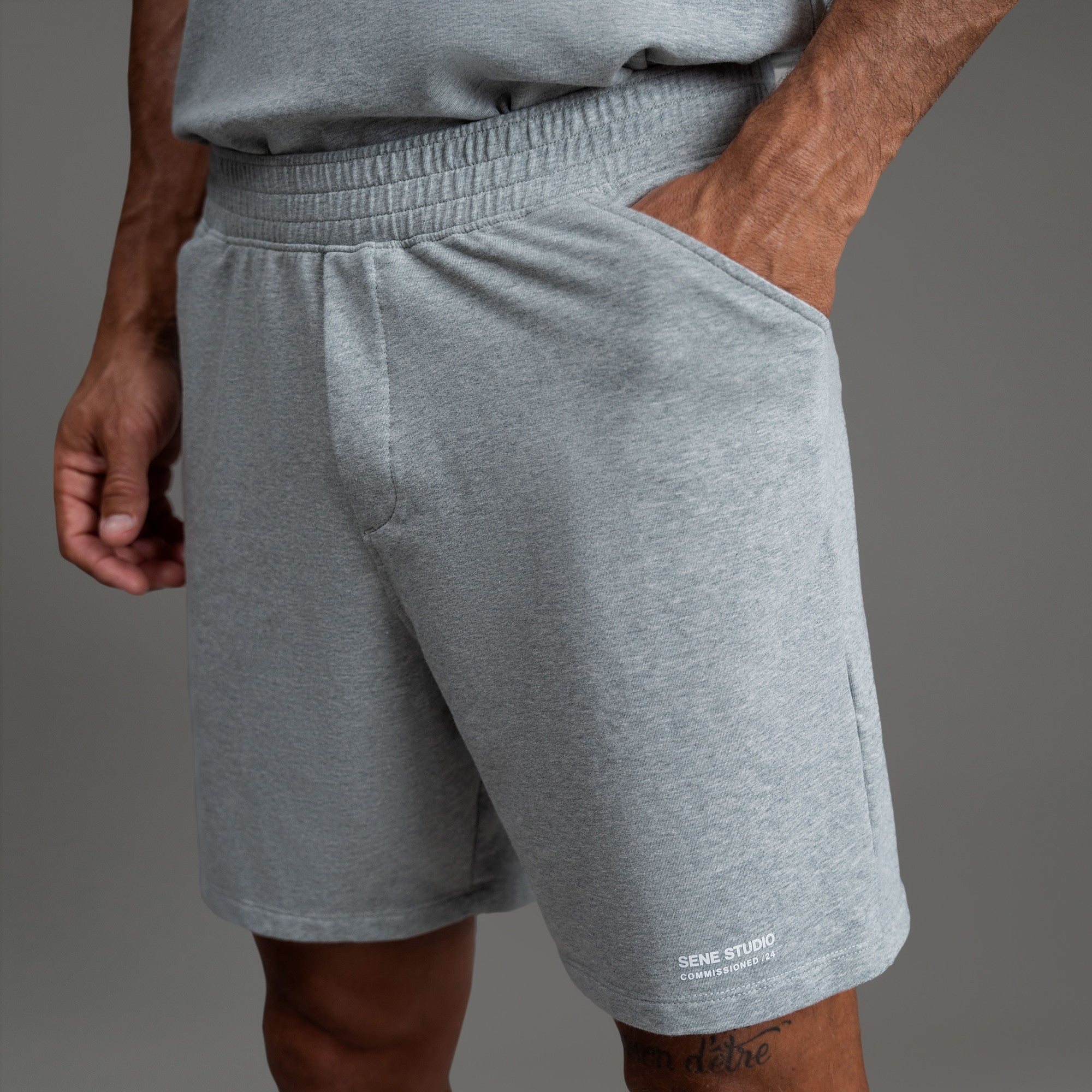 Custom bespoke shorts athleisure athletic build model Tyler in Heather Gray