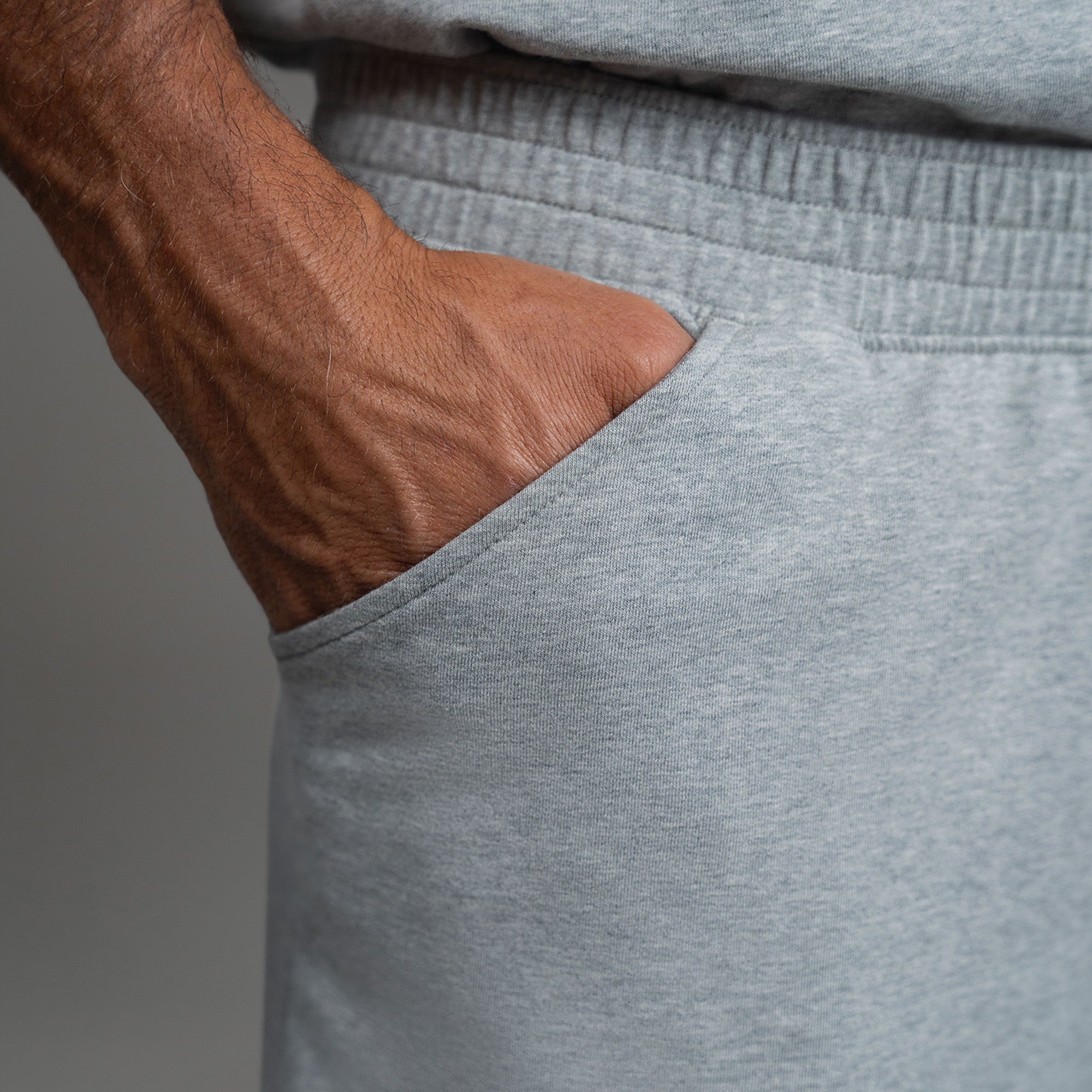 Custom bespoke shorts athleisure athletic build model Tyler in Heather Gray