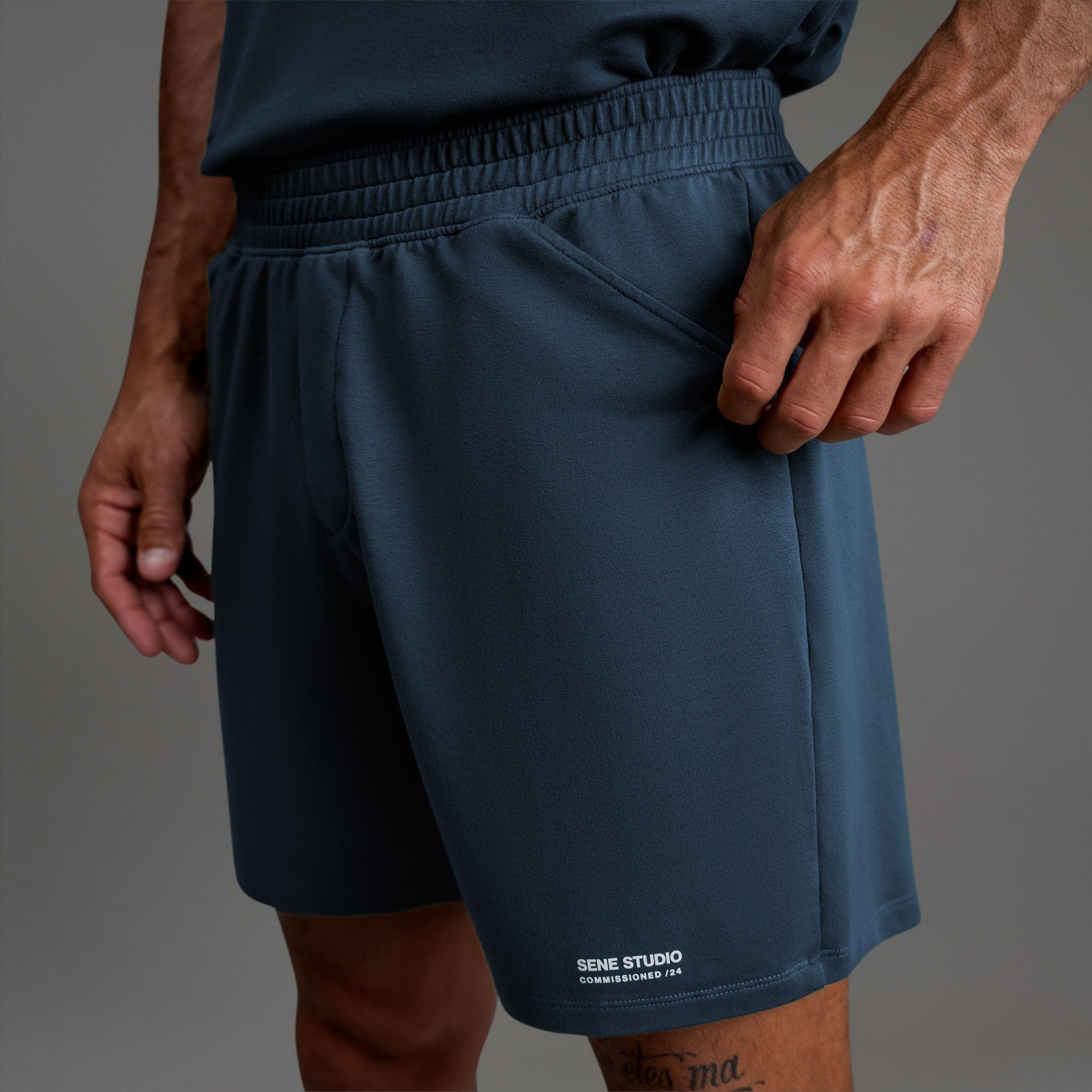 Custom bespoke shorts athleisure athletic build model Tyler in Deep Sea