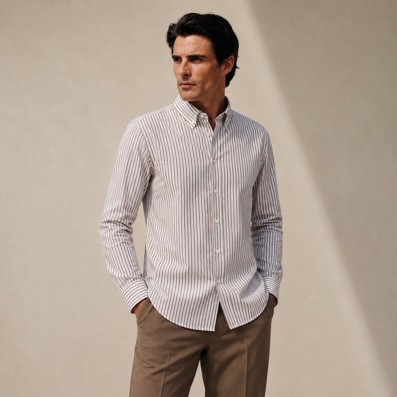 seersucker button-up shirt model Matteo in Canyon Stone