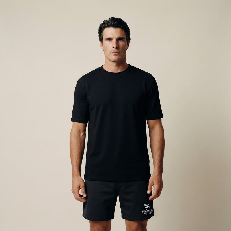 Tags:(6'0"|180 lbs) Custom tee model Tyler in Black