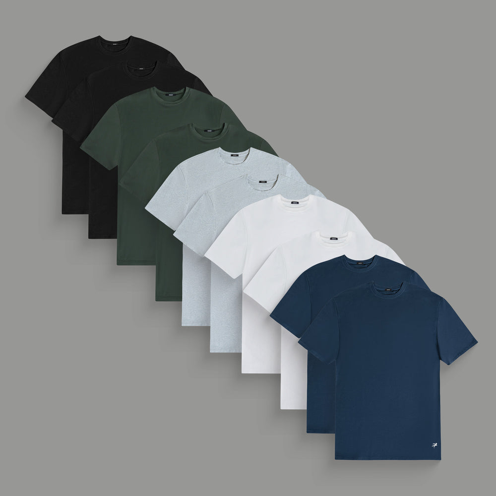 Stack of t-shirts in various colors: black, green, gray, white, and navy.