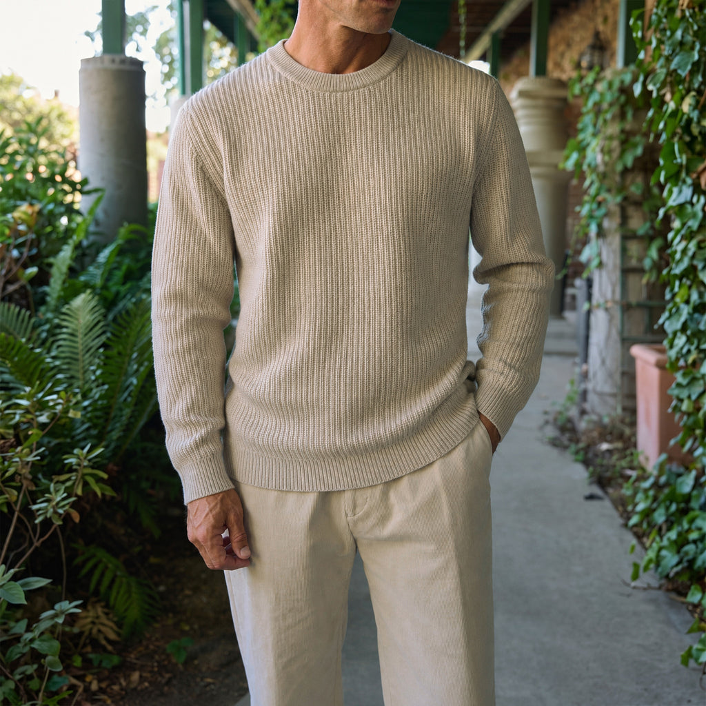 Knit Crewneck Sweater model Tyler in Sandstone