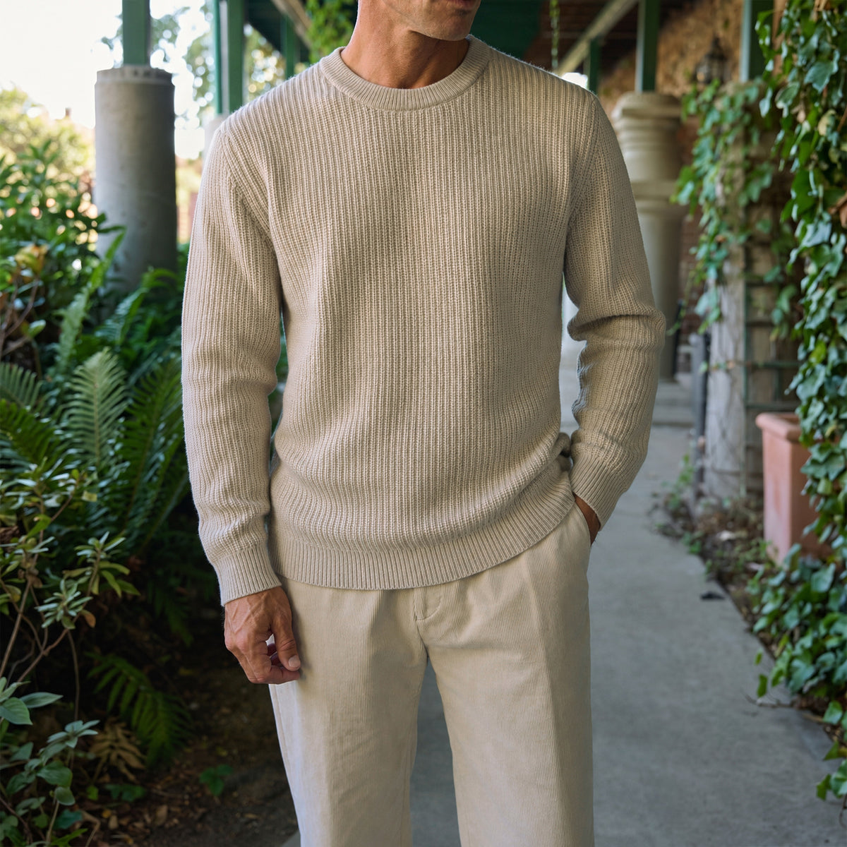 Knit Crewneck Sweater model Tyler in Sandstone