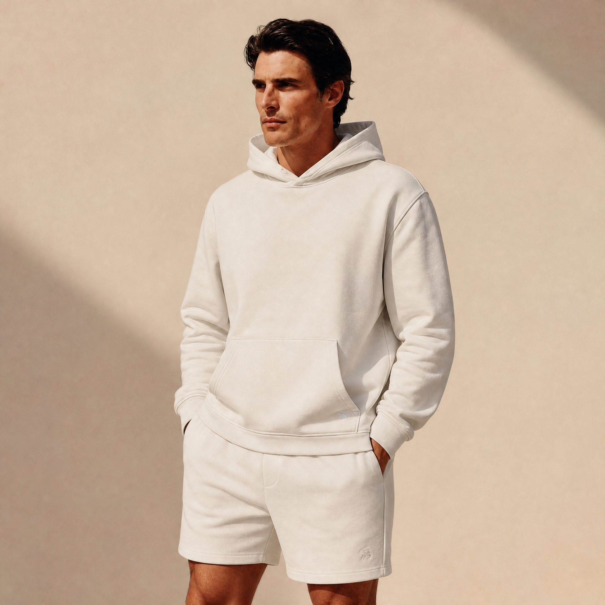 Terry Fleece Court Hoodie model Matteo in Bone