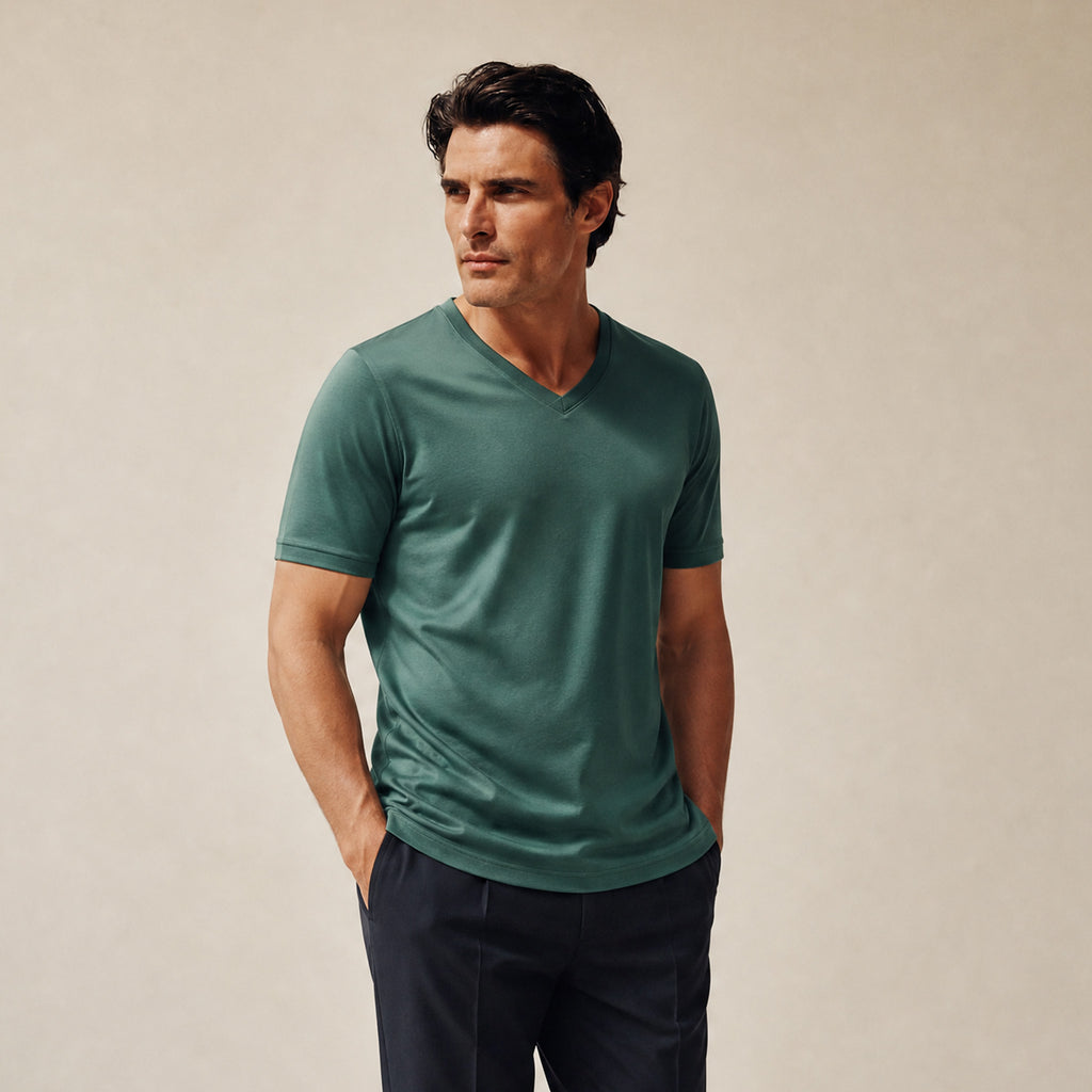 Pima Reserve V-Neck T-Shirt model Matteo in Sea moss