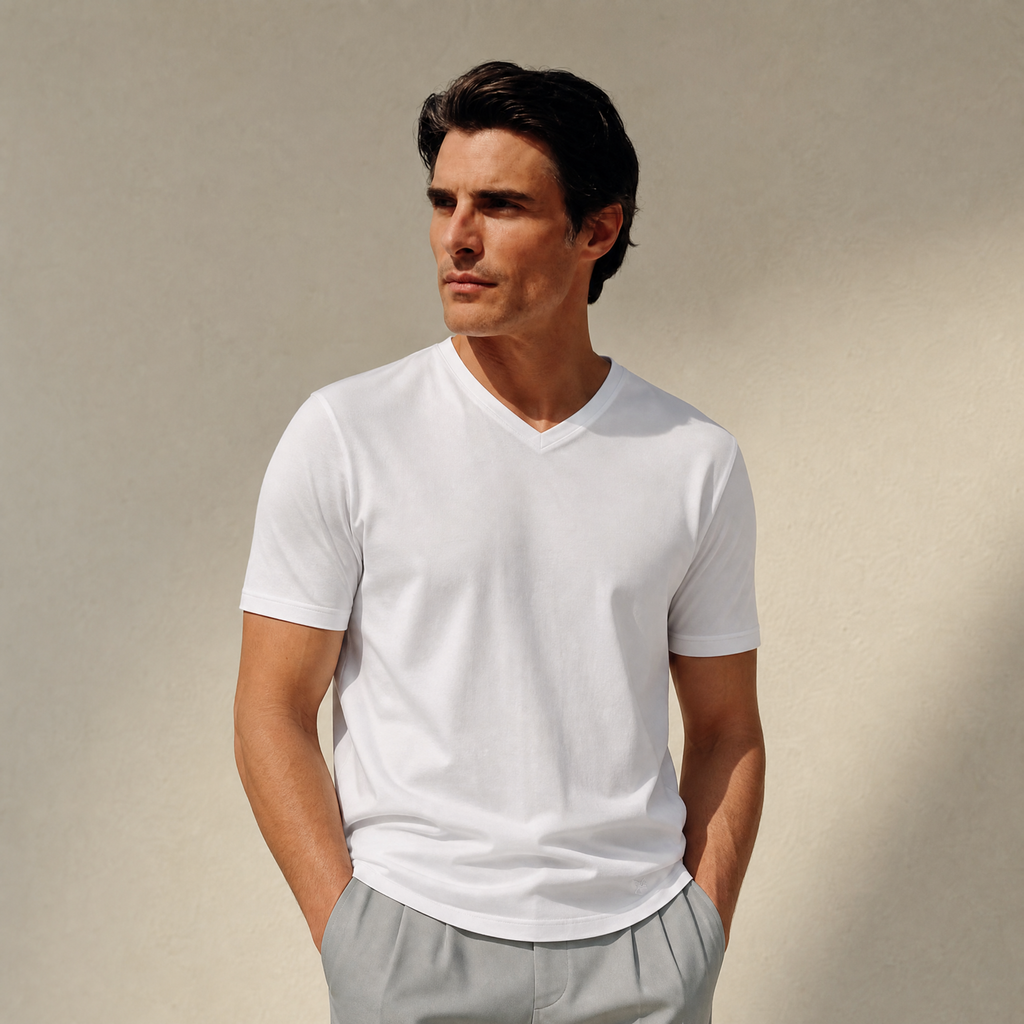 Pima Reserve V-Neck T-Shirt model Matteo in White