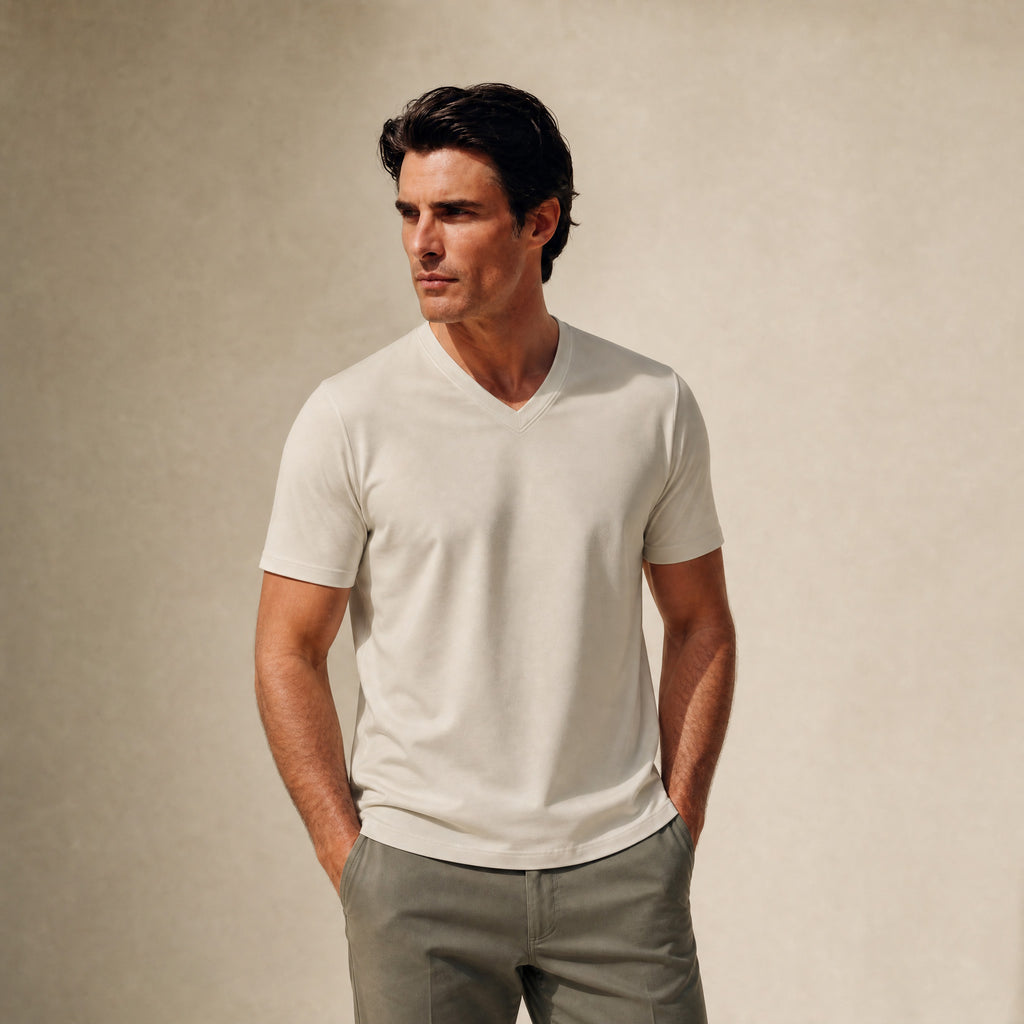 Pima Reserve V-Neck T-Shirt model Matteo in Beige