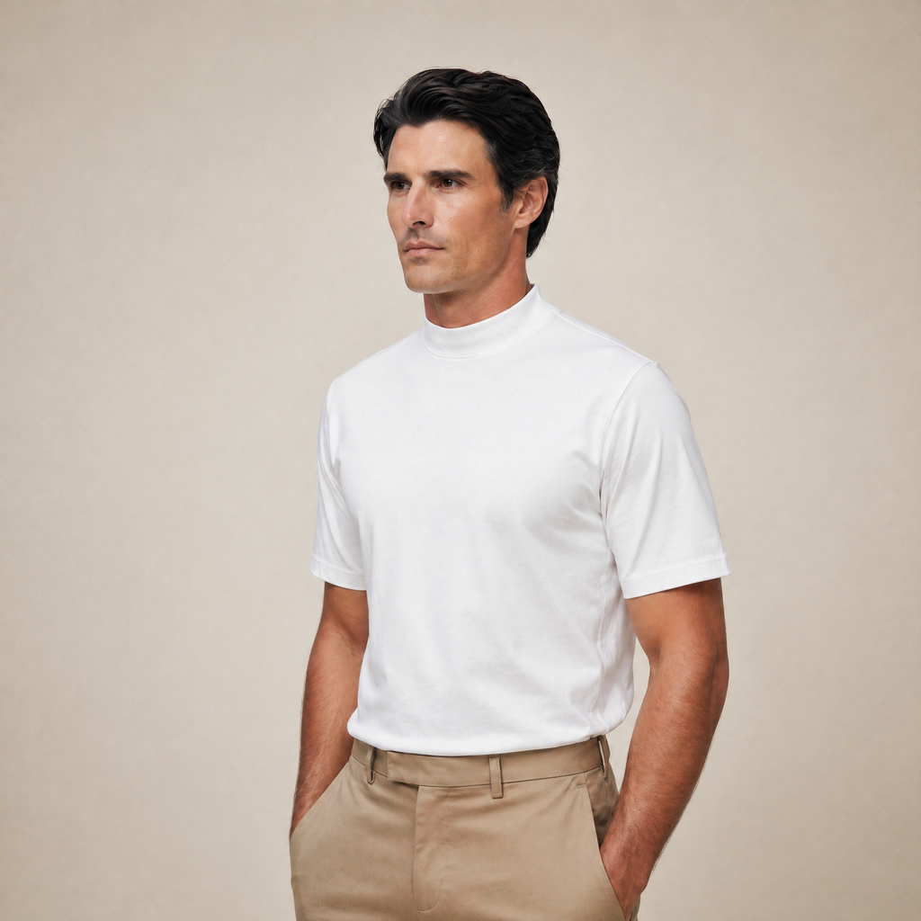 Man wearing a white short-sleeve shirt against a beige background model Kive in white