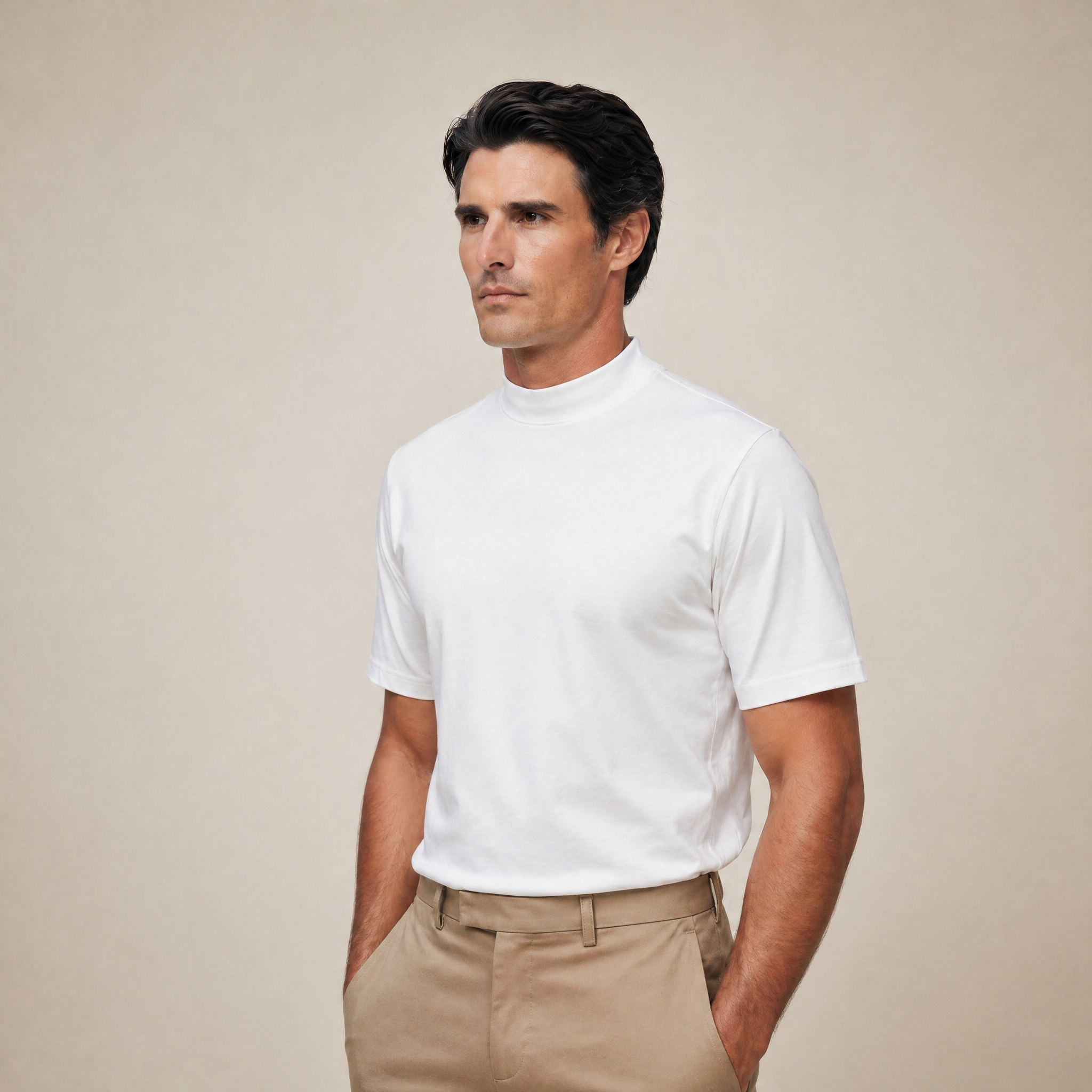 Man wearing a white short-sleeve shirt against a beige background model Kive in white