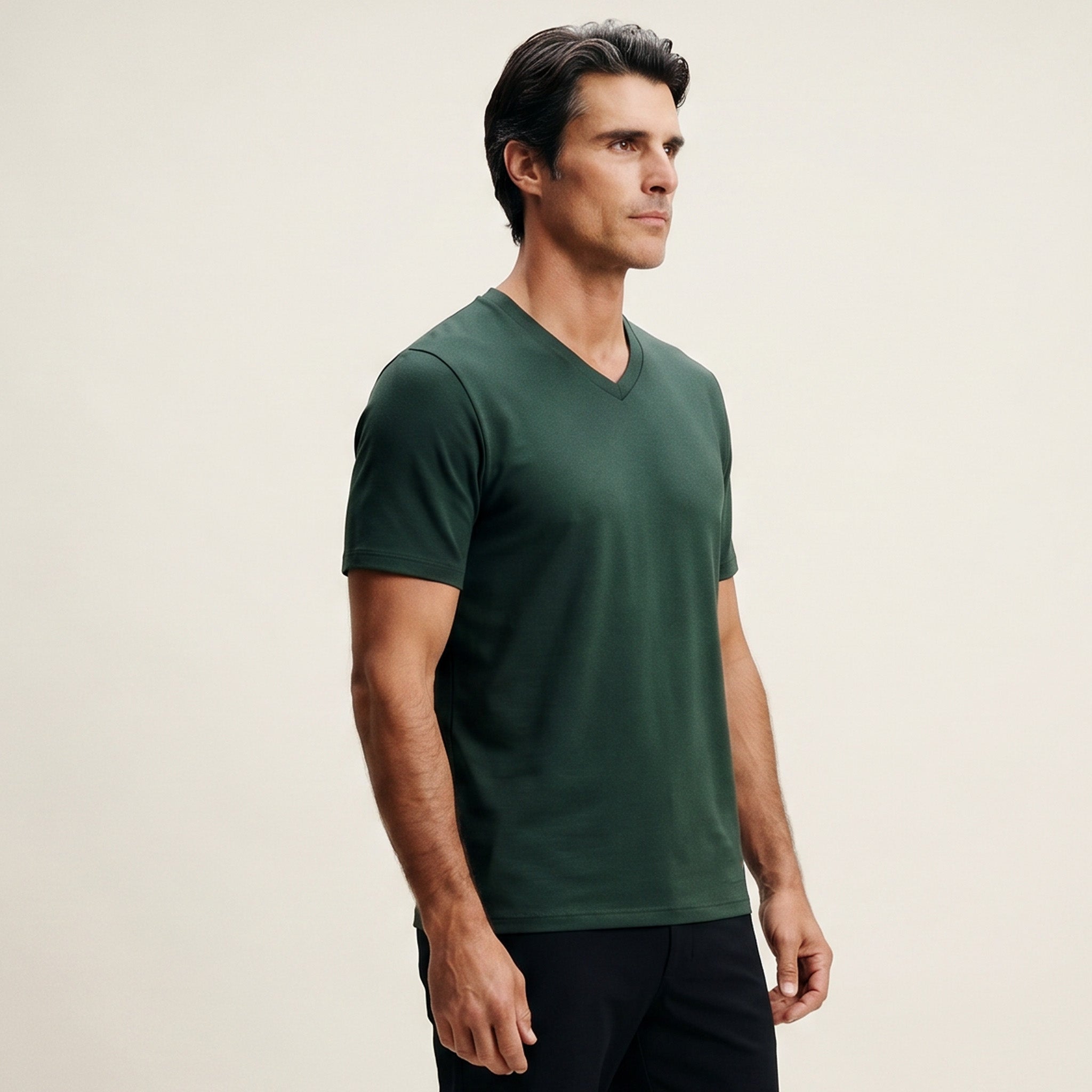 green v-neck T-shirt model Matteo in Pine Grove