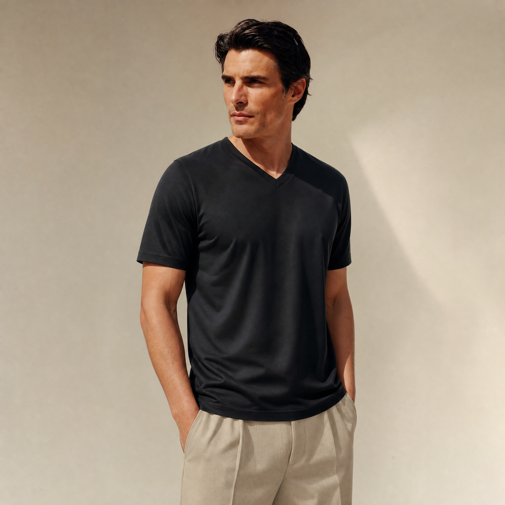 Pima Reserve V-Neck T-Shirt model Matteo in Black