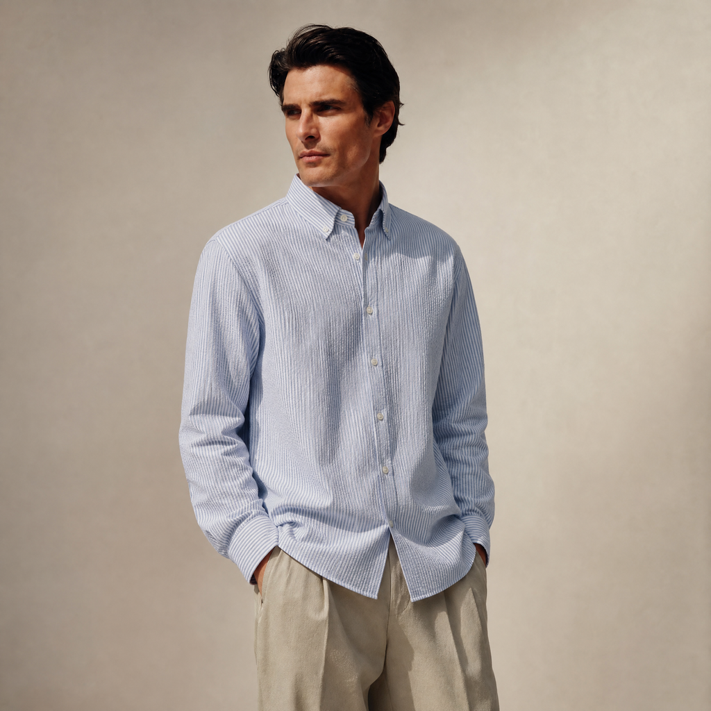 seersucker button-up shirt model Matteo in Pacific Sky