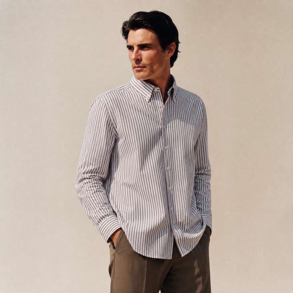 seersucker button-up shirt model Matteo in Canyon Stone