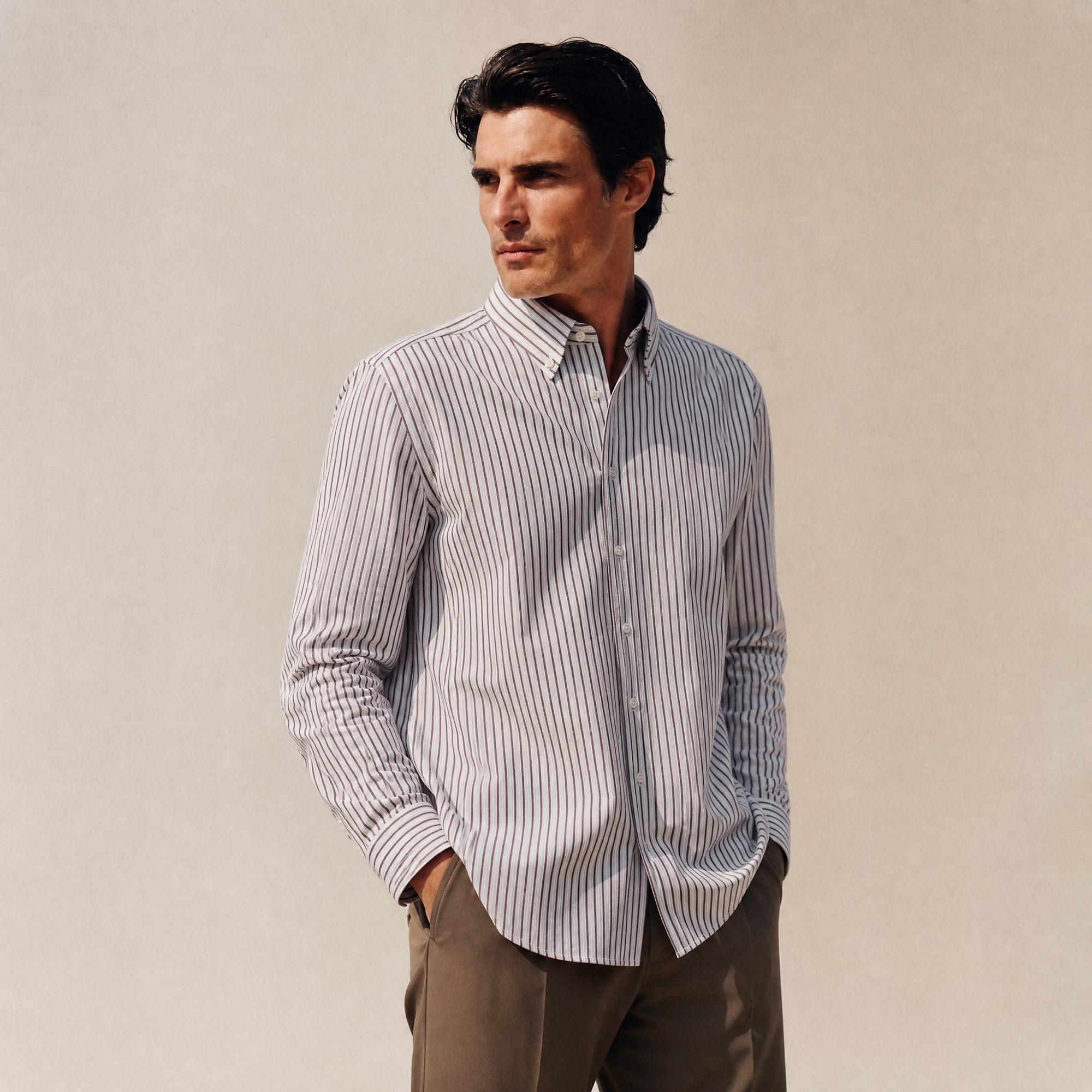 seersucker button-up shirt model Matteo in Canyon Stone