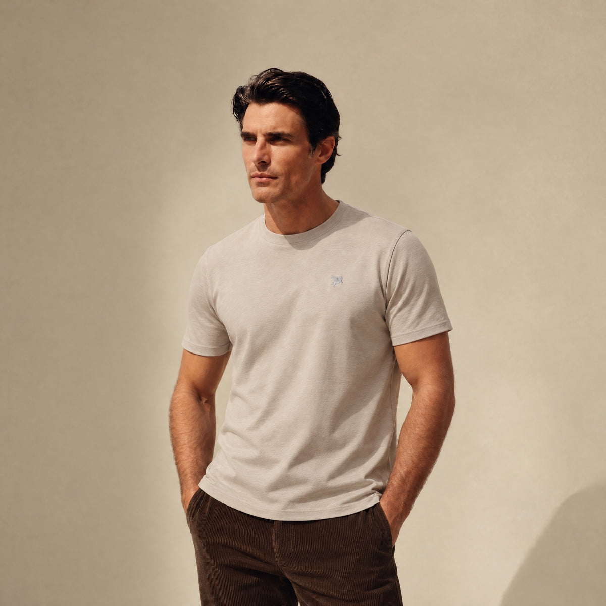 Mulberry Emblem Crew T-Shirt model Matteo in Beige