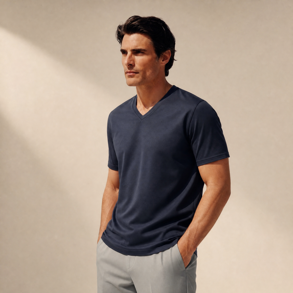 Pima Reserve V-Neck T-Shirt model Matteo in Navy