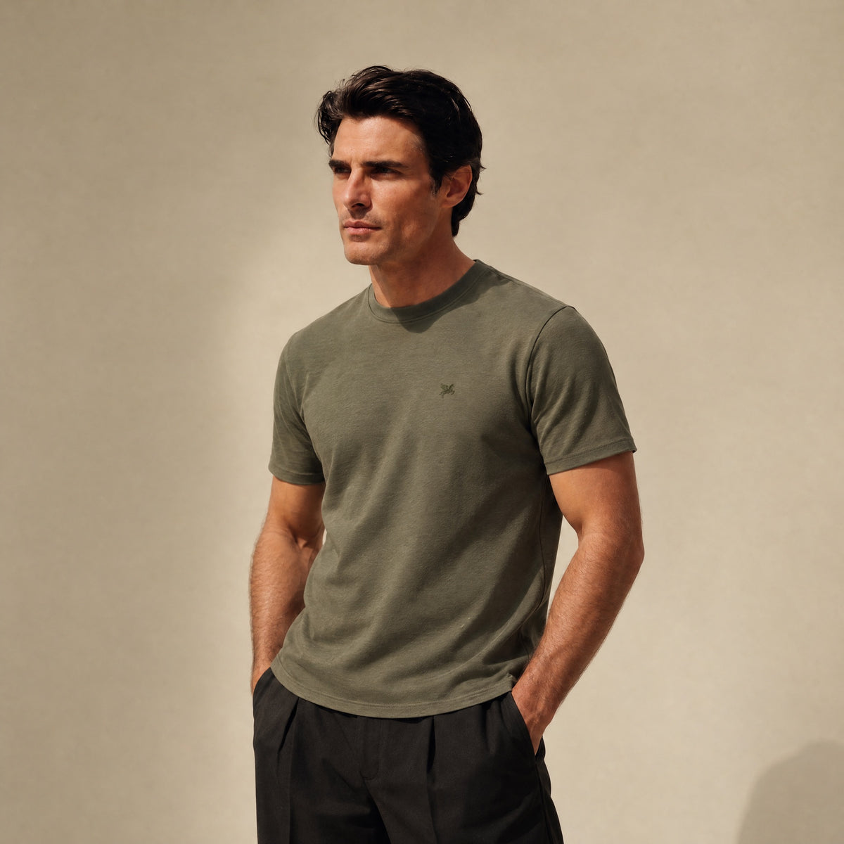 Mulberry Emblem Crew T-Shirt model Matteo in Olive