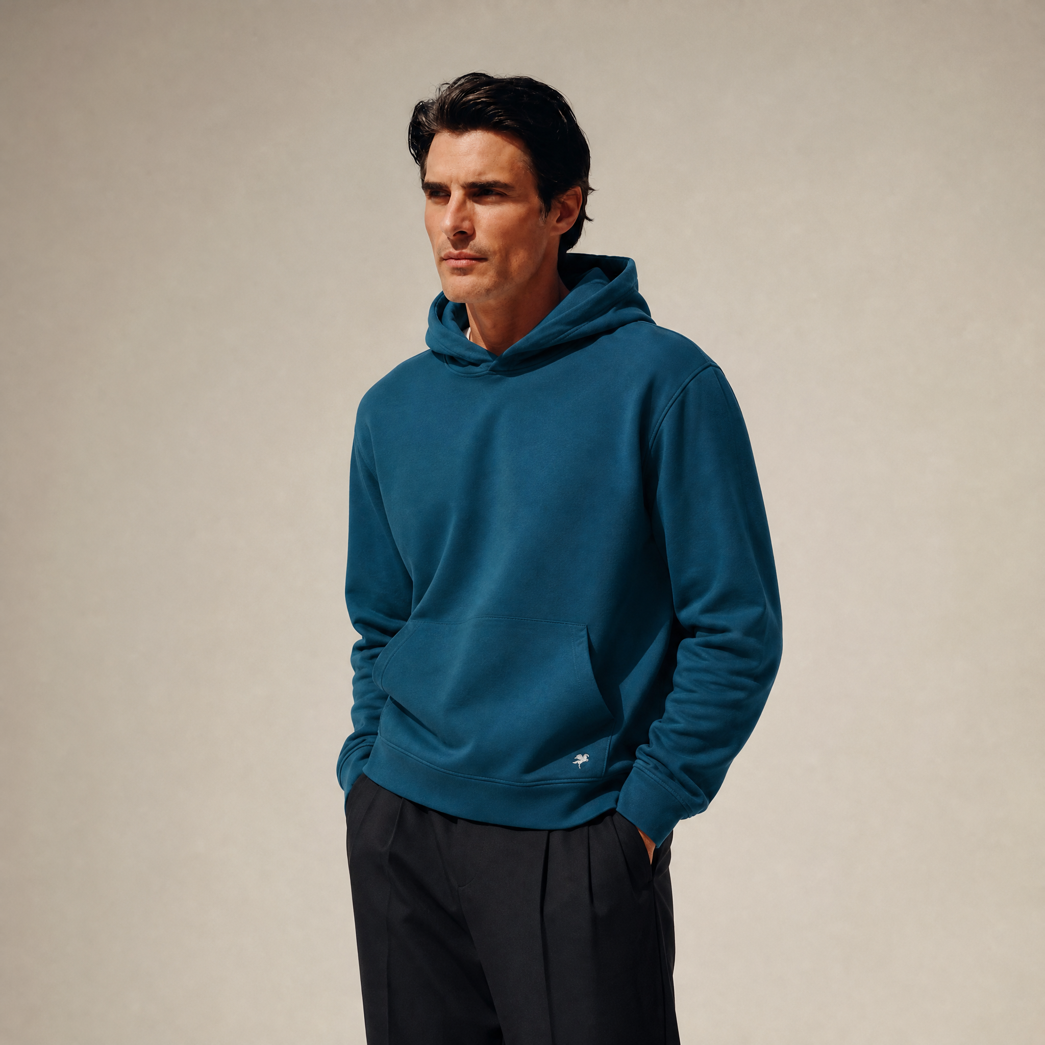 Terry Fleece Court Hoodie model Matteo in Poseidon