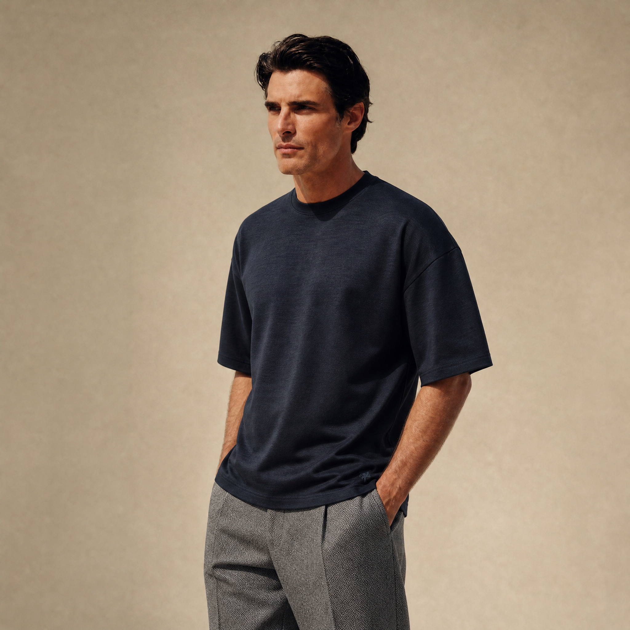 Merino Wool Oversized T-Shirt model Matteo in Dark Navy