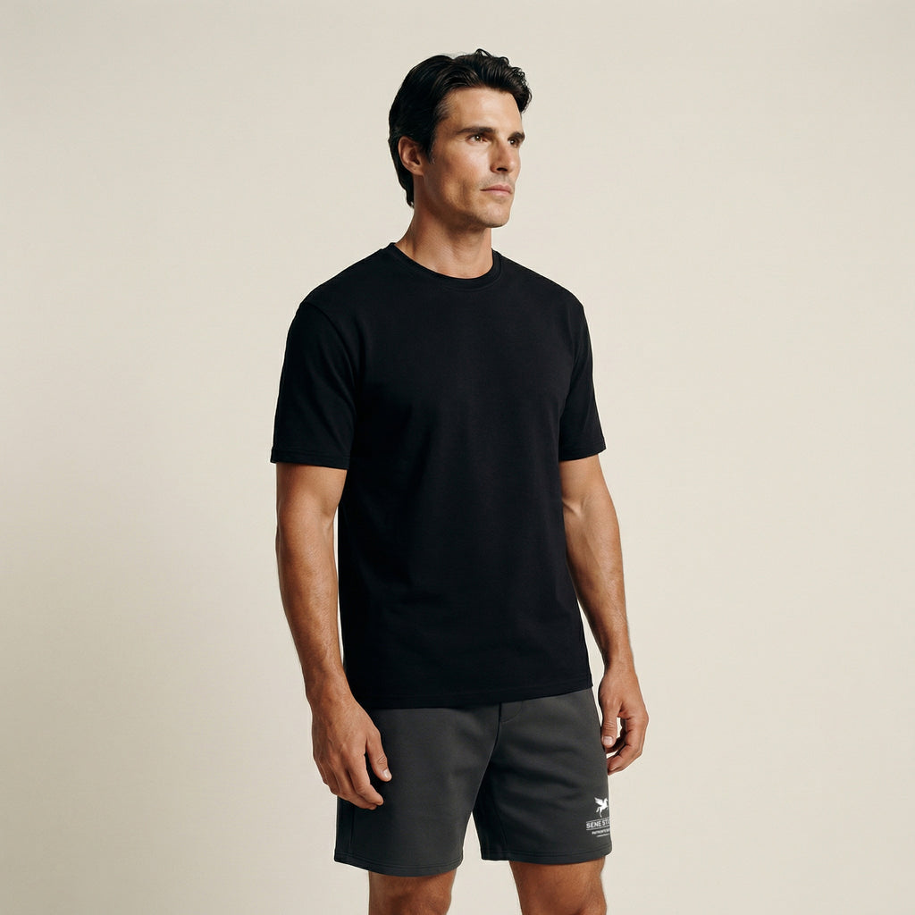 Tags:(6'0"|180 lbs) Custom tee model Tyler in Black