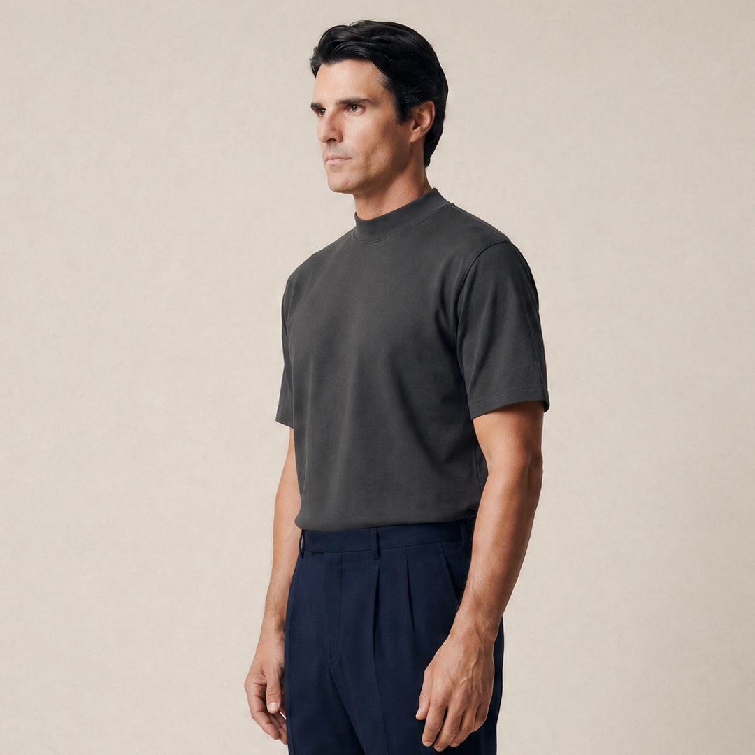 Man wearing a smoke short-sleeve shirt against a beige background model Kive in smoke