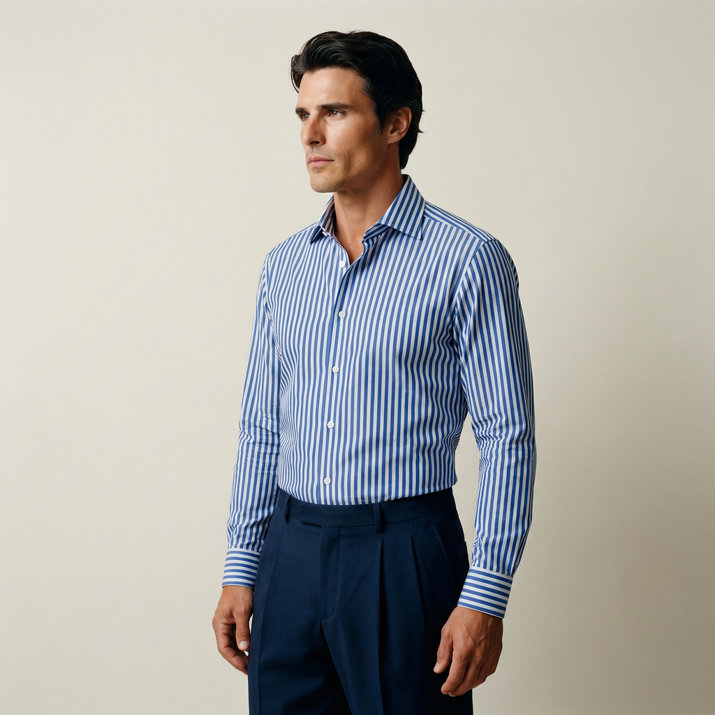 Tags:(6’2" - 180 lbs|Large) Custom shirt tee model Kive in Navy Bengal Stripe