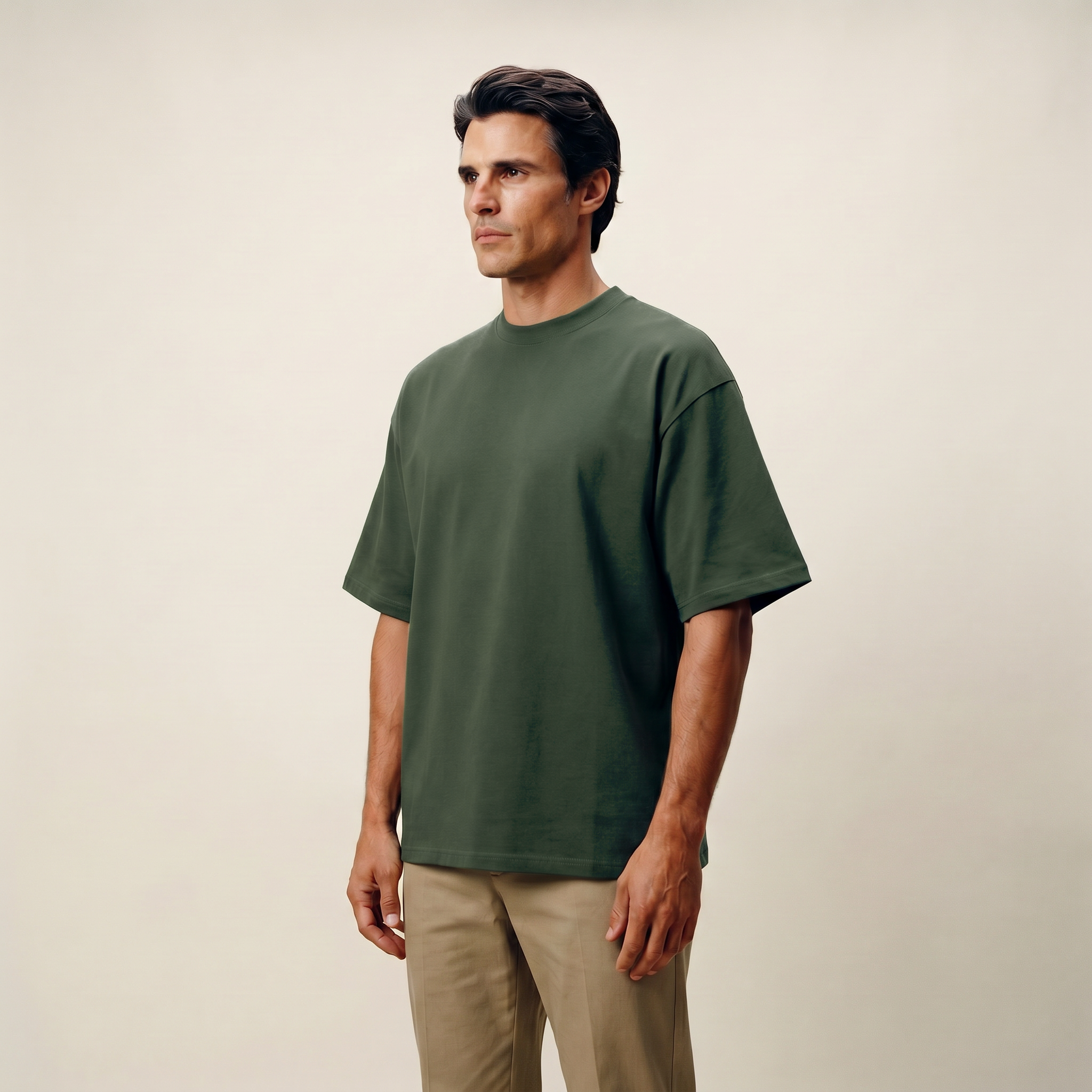 Tags:(Large | 6’2 - 180) Custom t-shirt tee model Kive in Moss