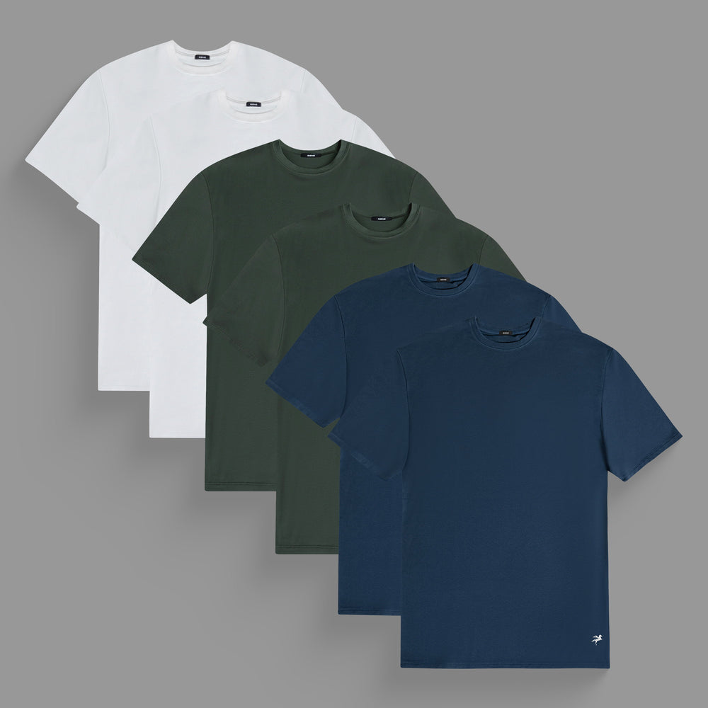 Five plain T-shirts in white, green, and navy blue.