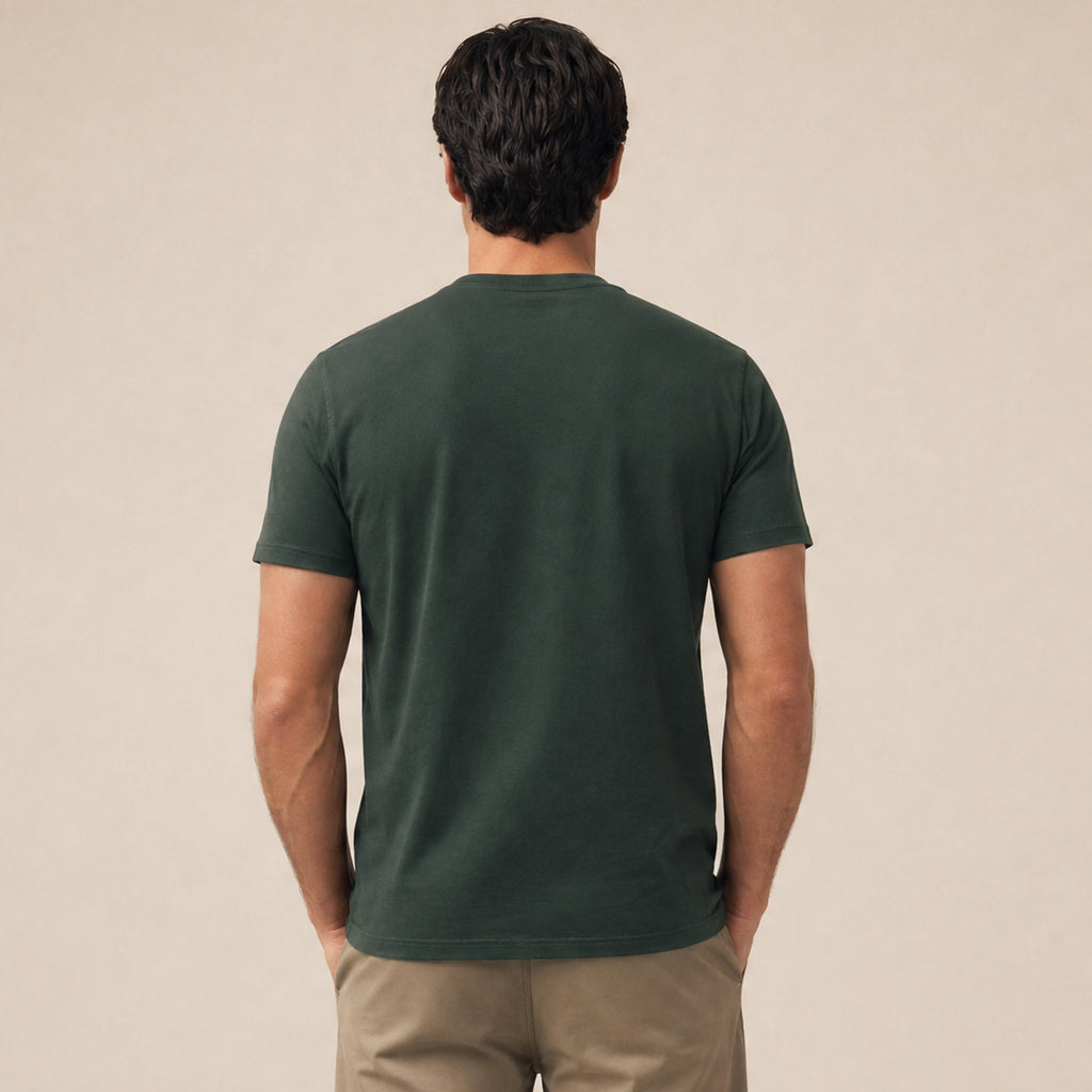 Man wearing Cumulus Crew T-Shirt model Matteo in Pine Grove