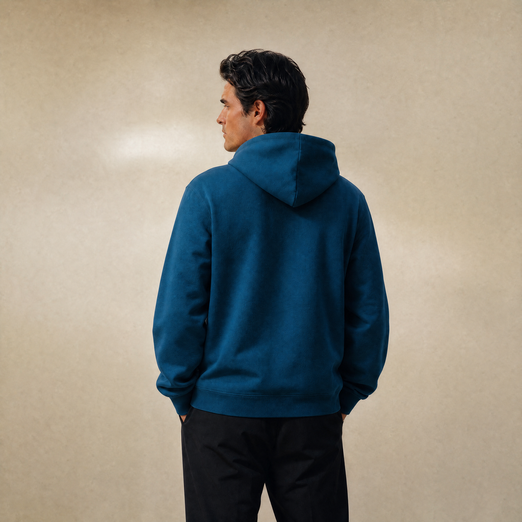 Terry Fleece Court Hoodie model Matteo in Poseidon