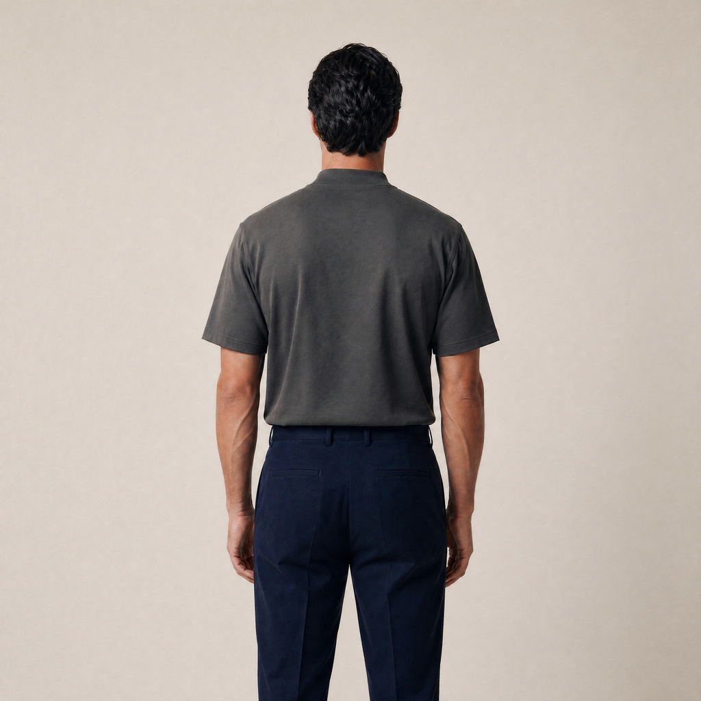 Man wearing a smoke short-sleeve shirt against a beige background model Kive in smoke