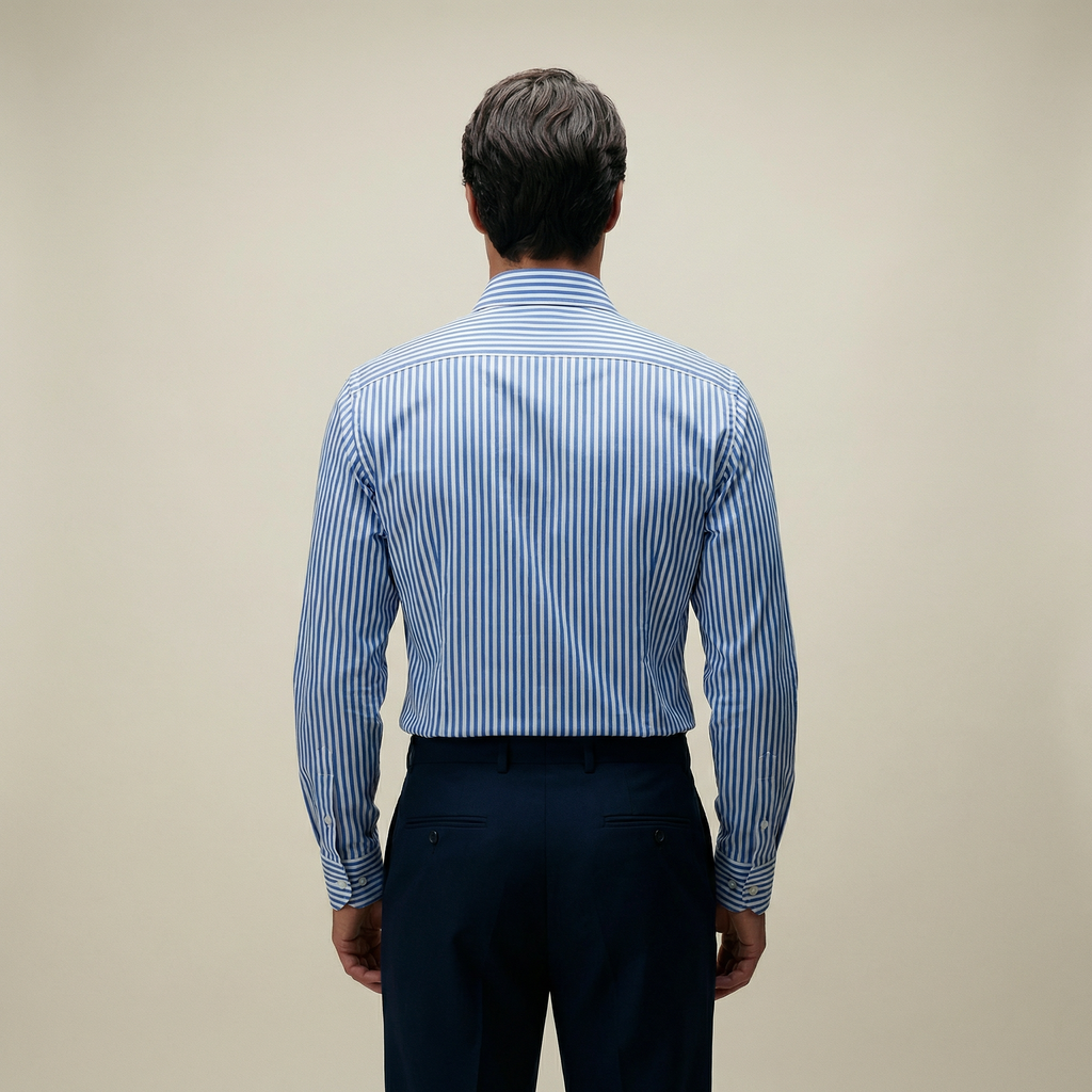 Tags:(6’2" - 180 lbs|Large) Custom shirt tee model Kive in Azure Bengal Stripe