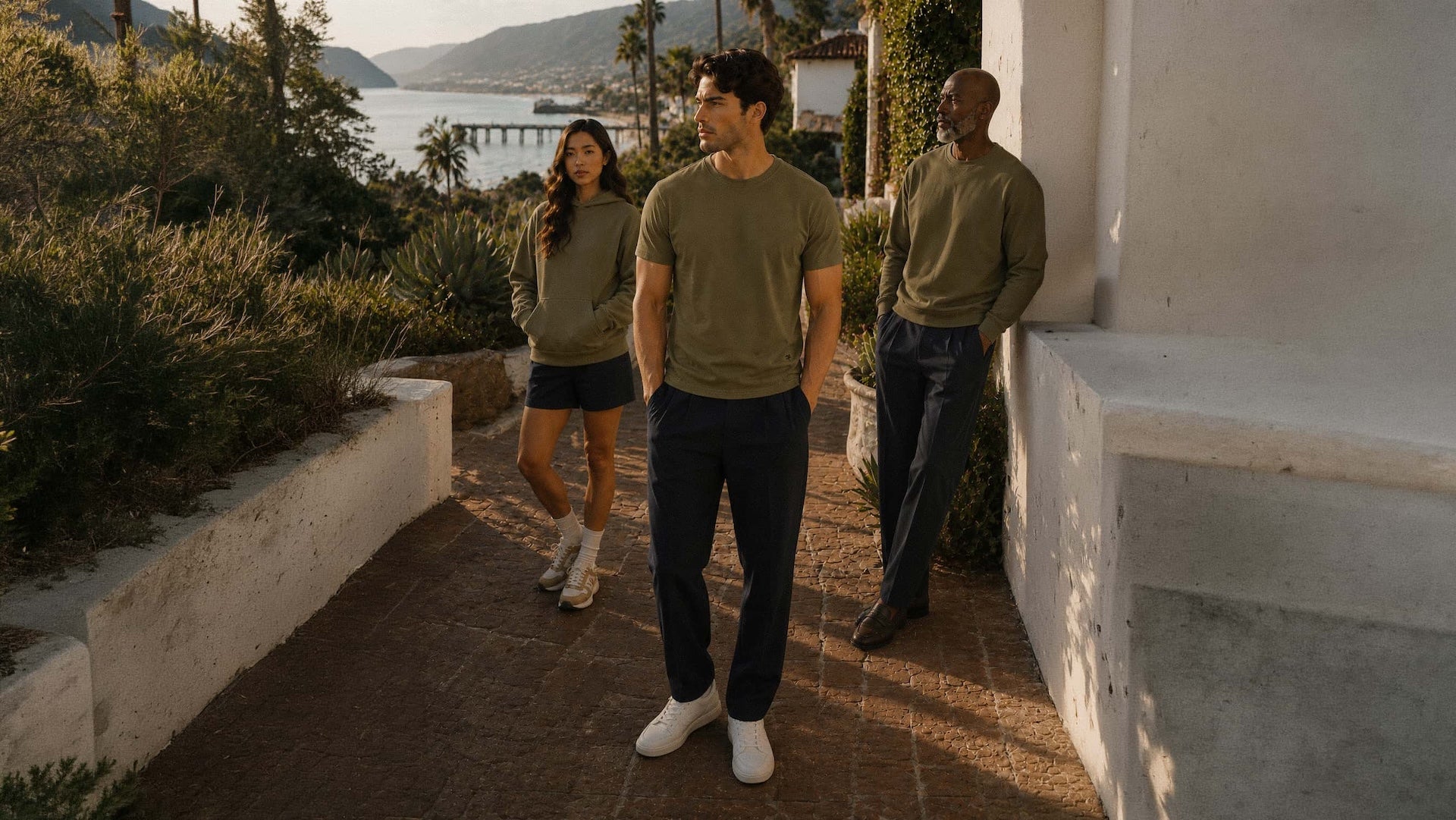 Three people standing outdoors on a sunlit walkway beside a white building, wearing matching olive green long-sleeve tops and dark pants. A woman wears a dark skirt and white sneakers, while the two men wear dark jeans and dark shoes.