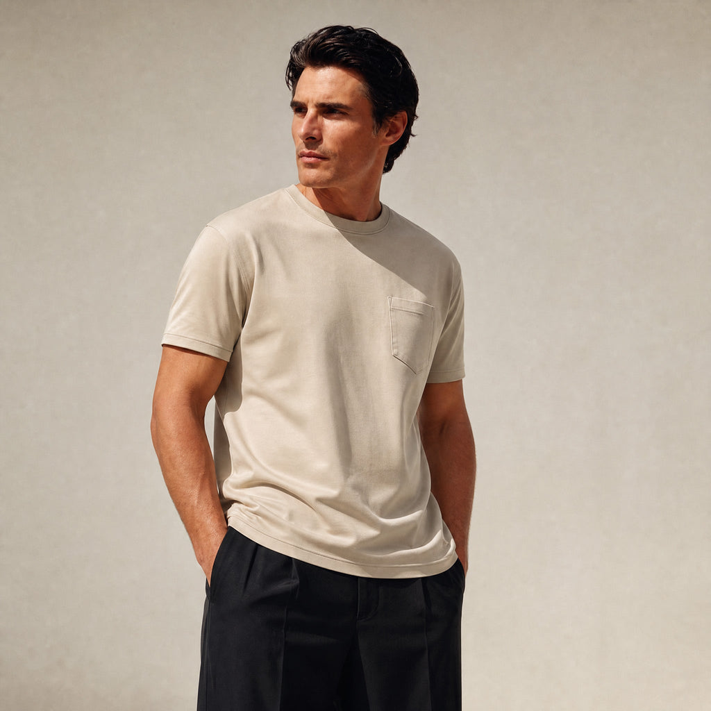 Pima Reserve Crew Pocket T-Shirt model Matteo in Beige