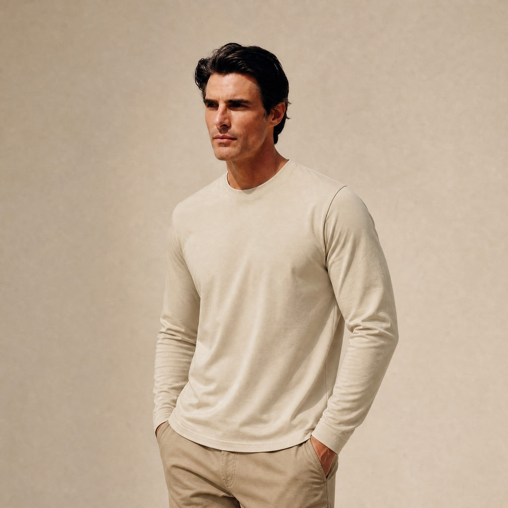 Pima Reserve Long Sleeve T-Shirt model Matteo in Beige