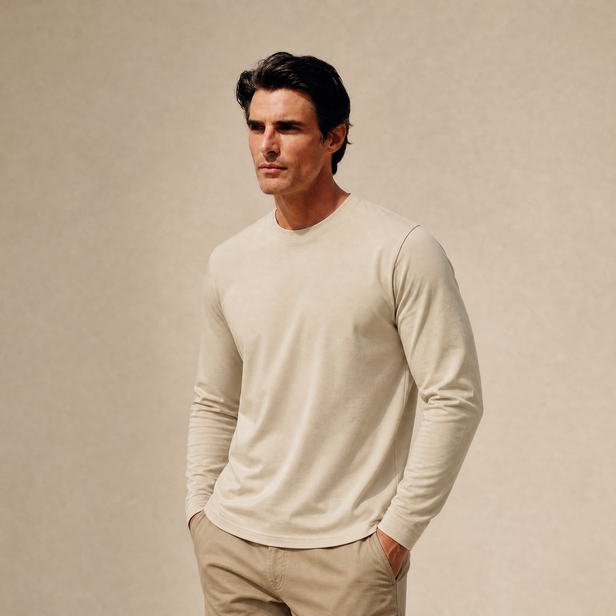 Pima Reserve Long Sleeve T-Shirt model Matteo in Beige