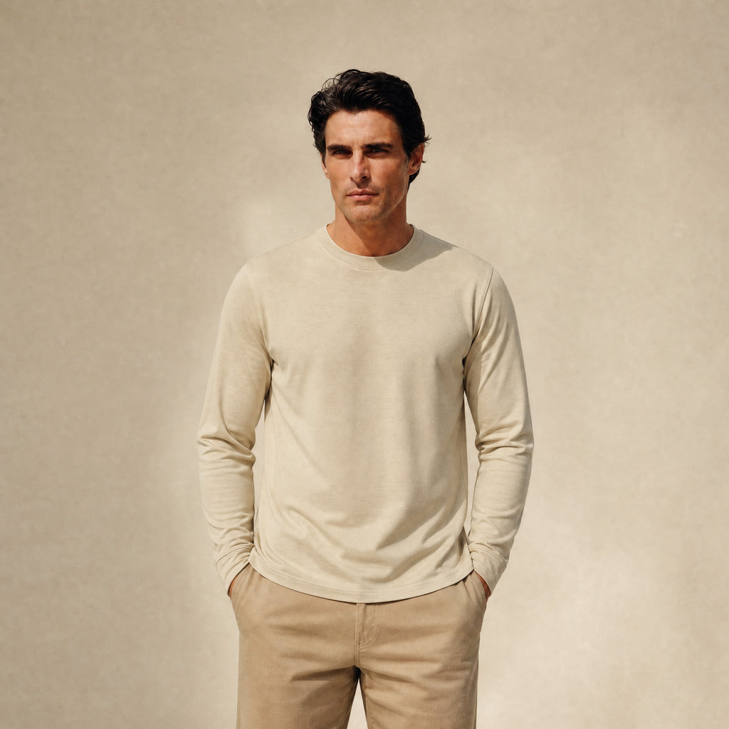 Pima Reserve Long Sleeve T-Shirt model Matteo in Beige