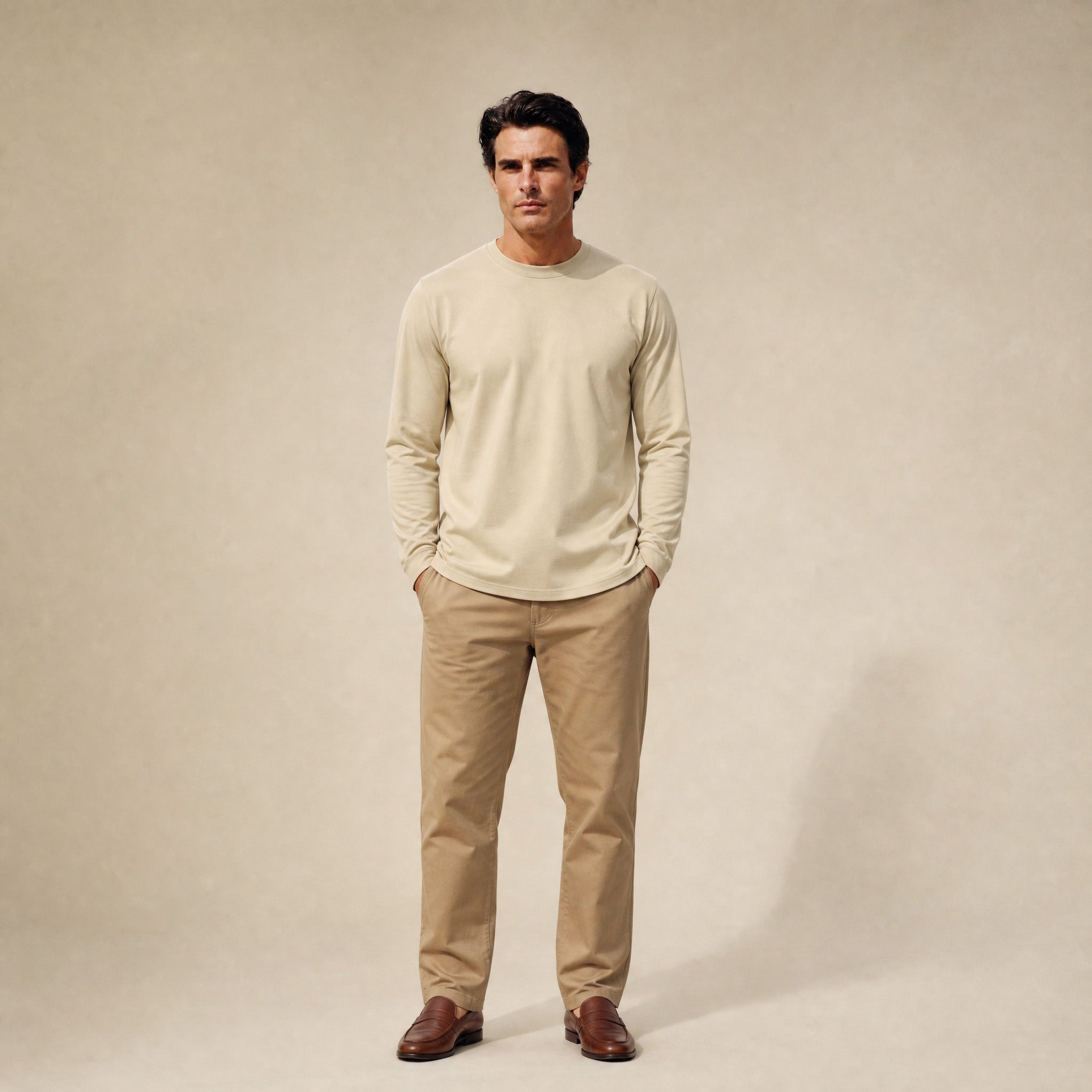 Pima Reserve Long Sleeve T-Shirt model Matteo in Beige