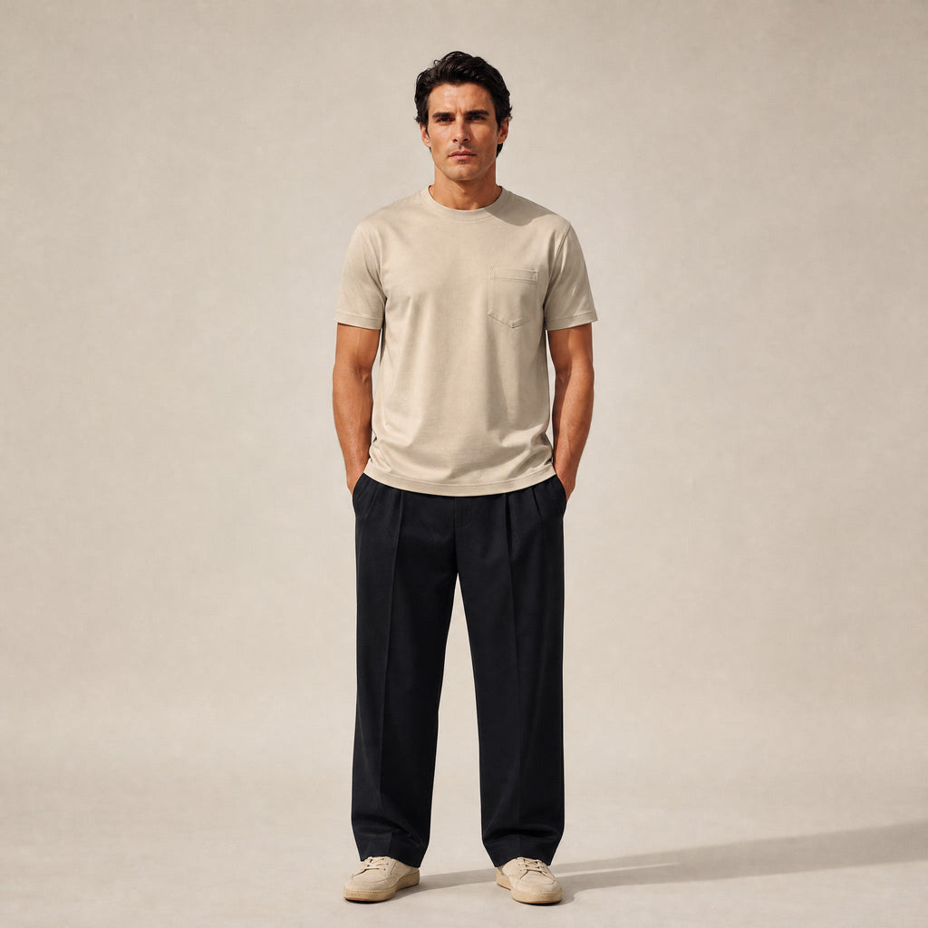 Pima Reserve Crew Pocket T-Shirt model Matteo in Beige