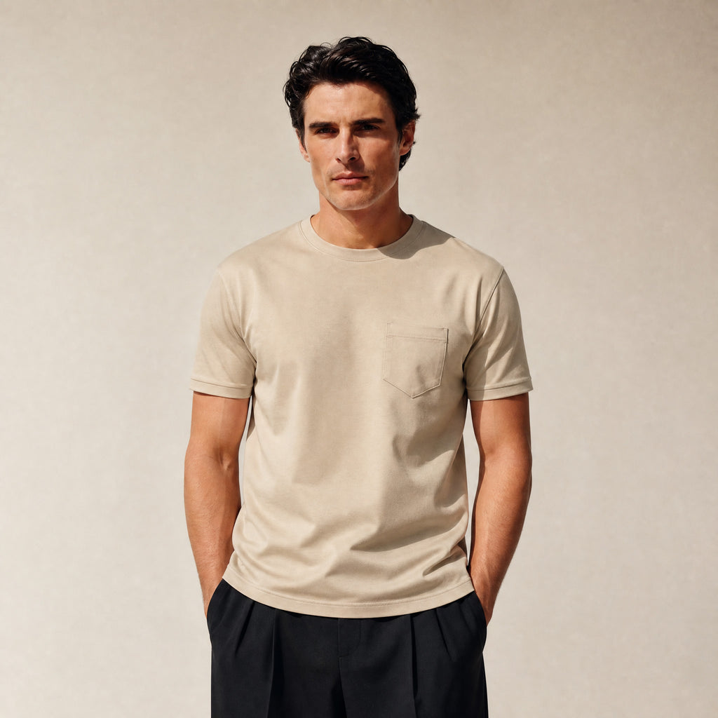 Pima Reserve Crew Pocket T-Shirt model Matteo in Beige