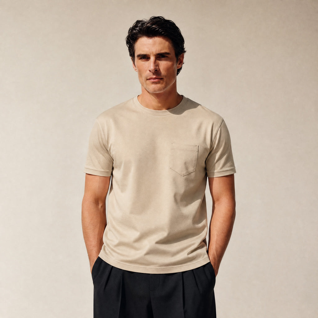 Pima Reserve Crew Pocket T-Shirt model Matteo in Beige