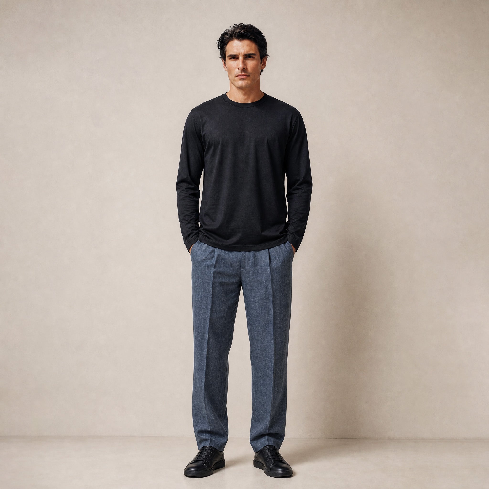 Pima Reserve Long Sleeve T-Shirt model Matteo in Black